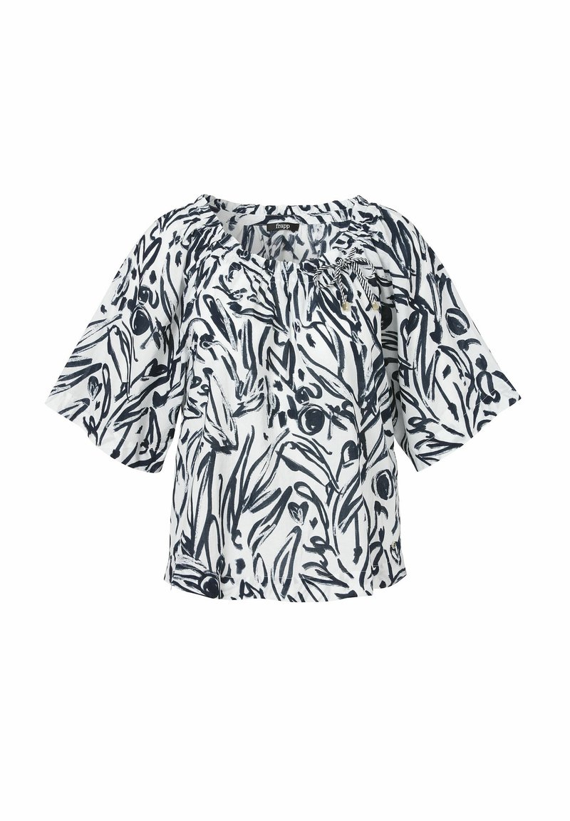 White blouse with navy abstract floral print, short sleeves, round neckline, and drawstring detail at front. Lightweight fabric with smooth texture.