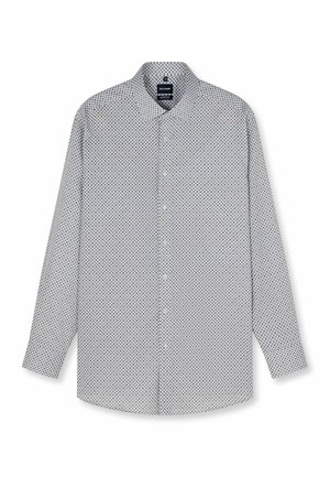 Herrenbluse mit langen Ärmeln, Knopfleiste, kleinem dunklem Rautenmuster auf weißem Hintergrund und klassischem Kragen.