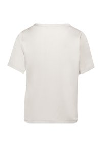 Short-sleeve top in light beige satin with a straight cut, round neckline, and smooth texture. Back view shows no additional details.