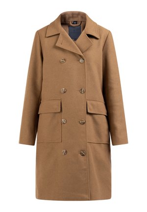 Bruin wollen blend dubbele-breasted jas met grote knopen, reverskraag en twee voordozen. Soepele textuur en getailleerde vorm.