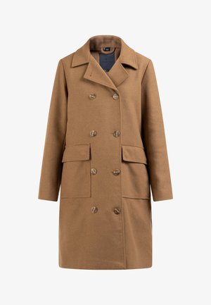 Bruin wollen blend dubbele-breasted jas met grote knopen, reverskraag en twee voordozen. Soepele textuur en getailleerde vorm.