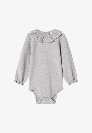 Hosszú ujjú szürke bordázott baba body fodros gallérral és elasztikus mandzsettával, patentos záródással az alján az egyszerű pelenkacsere érdekében.