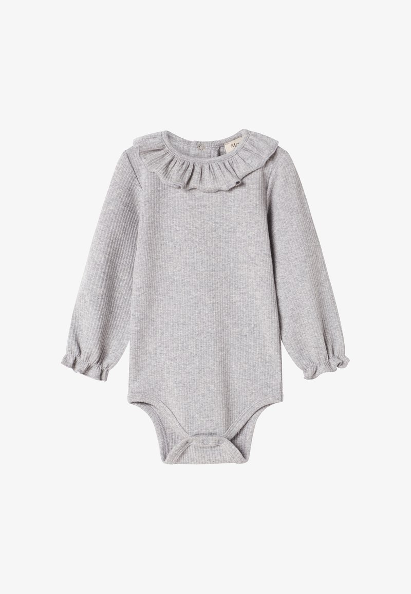 Body baby a maniche lunghe grigio a coste con colletto arricciato e polsini elasticizzati, chiusura a pressione sul fondo per cambi facili del pannolino.