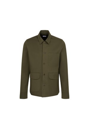 Olivgrüne Jacke aus glattem Stoff, mit Knopfleiste, spitzem Kragen und zwei großen Fronttaschen. Einfaches Design.