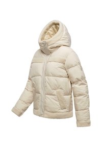 Crème-kleurige gewatteerde winterjack met capuchon, sherpa-afwerking op de zakken, manchetten, zoom en rand van de capuchon, en een rits aan de voorkant.