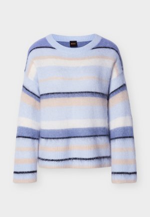 Πουλόβερ με ρίγες σε ανοιχτό μπλε, απαλό ροζ και ναυτικό μπλε. Μαλακή, αφράτη υφή με στρογγυλή λαιμόκοψη και ριμπ μανσέτες. Ελαφρύ και με χαλαρή εφαρμογή.