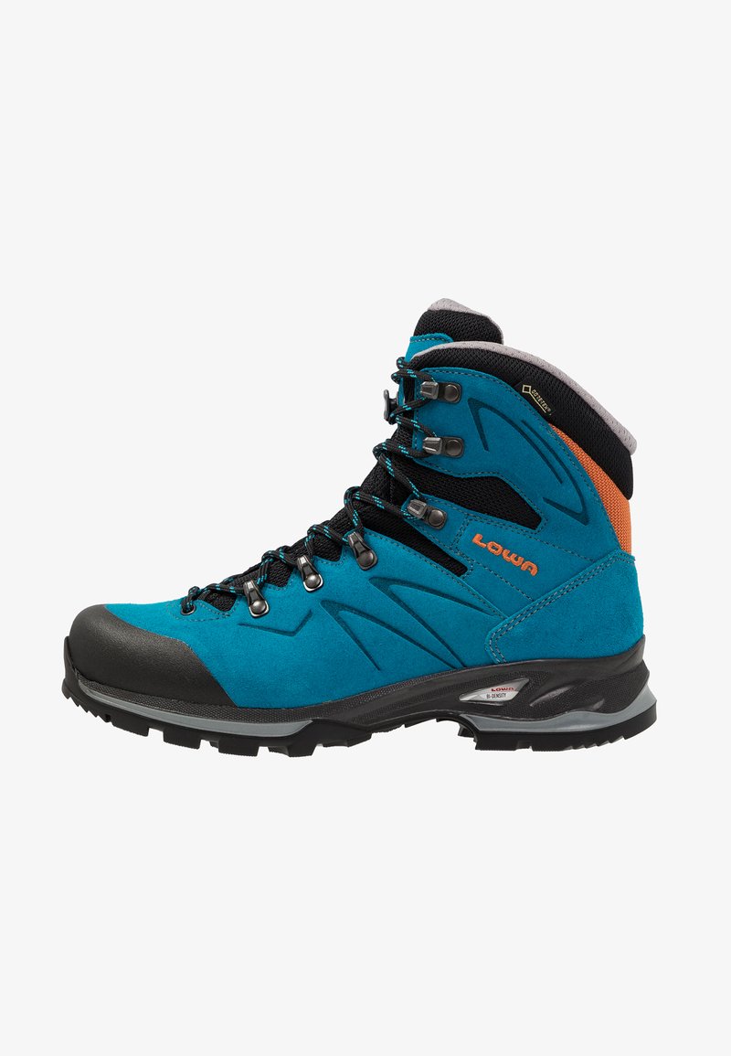 Turquoise hiking boot with suede material and mesh accents. Features black laces, metal eyelets, and a rubber toe cap for durability.