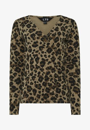 Top de manga larga con estampado de leopardo en marrón y negro, con escote en V, detalle fruncido en los lados y material suave y elástico.