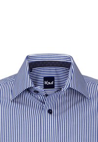 Bodysuit a righe blu e bianche con colletto alla francese, dotato di un bottone nero e tessuto interno a stampa. Etichetta visibile all'interno del colletto.