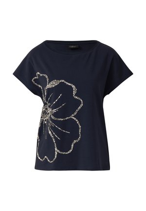 Marineblaue T-Shirt mit kurzen Ärmeln, das auf der Vorderseite mit einem großen silbernen Blumenmuster aus Pailletten verziert ist. Aus weichem Baumwollmaterial.