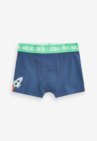 Dunkelblaue Boxershorts mit einem grünen Bund, der Planetennamen zeigt. Auffällige Raketengrafik auf der linken Seite. Weiches Baumwollmaterial.