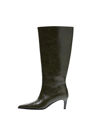 Botte haute en cuir vert foncé avec un bout pointu et un talon bas et fin, vue de côté sur fond blanc.