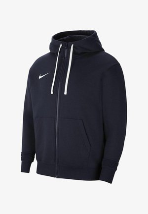 Felpa con zip blu navy realizzata in tessuto morbido, con cappuccio regolabile, tasche frontali e logo Nike bianco sul lato sinistro del petto.