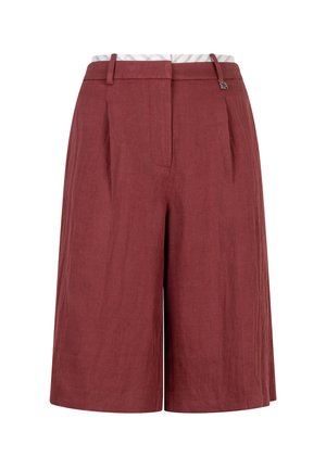 Bordeaux linnen culottes met een ontwerp van brede pijpen, voorzien van een vlakke voorkant, twee zijzakken en een patroonriem voor extra detail.