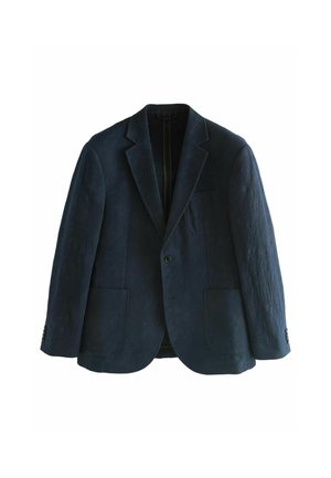 Blazer Navy hecho de tela texturizada, con cuello con muesca, dos bolsillos frontales, cierre de un solo botón y botones decorativos en los puños.