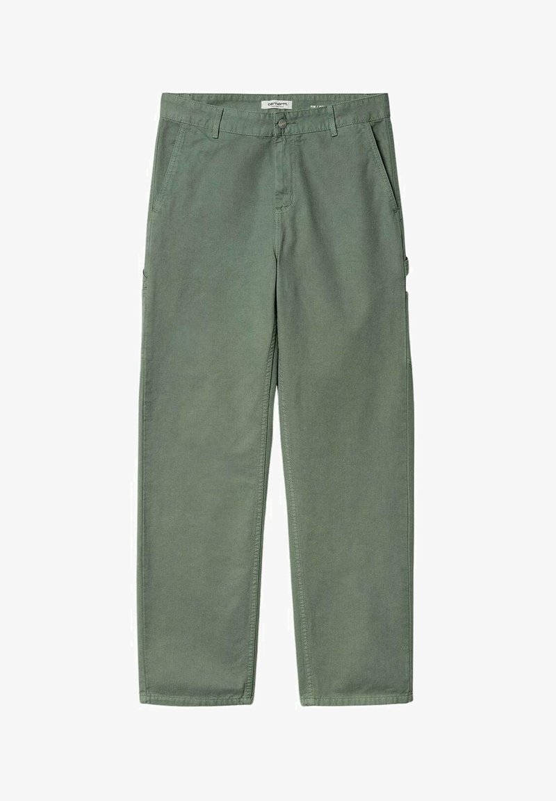 Green cargo pants made of textured fabric, featuring a straight-leg design, front pockets, and side cargo pockets.