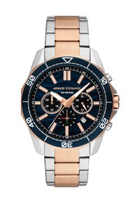 Meeste Armani Exchange kell roostevabast terasest ja roosa kuldse käevõruga, tumepunase näo, kronograafi funktsioonide ja suurte valgete tunniindikaatoritega.