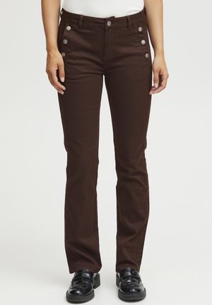 Braune Canvas-Hosen mit schlanker Passform, seitlichen Knöpfen, Vordertaschen und glatter Textur. Getragen mit schwarzen Schuhen.