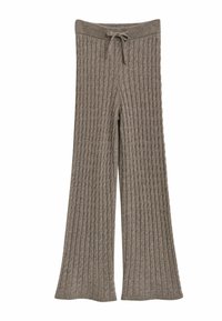 Geribde breigoed wijde broek in een zachte taupe kleur, met een verstelbare koordsluiting in de taille en een structuurdetail. 