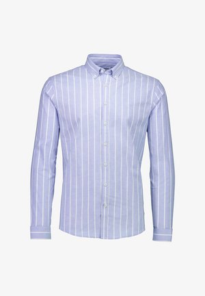 Lichtblauwe langemouw overhemd met witte verticale strepen, met een button-down kraag en contrasterende gestreepte manchetten. Zachte stof textuur.