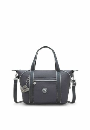 Dark gray handbag with front zip pocket, two handles, adjustable shoulder strap, and a small plush keychain attached to the side.