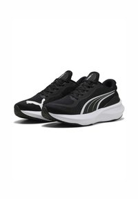 Schwarze Sportschuhe aus Mesh-Gewebe, mit gepolsteter Sohle und weißen Akzenten. Verfügt über ein strukturiertes Design und Schnürsenkel für einen sicheren Halt.