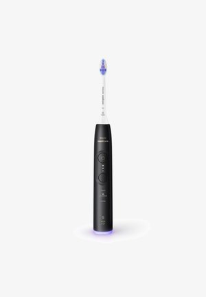 Sonic electric toothbrush with a black handle, white brush head, and blue accents. Features three mode buttons and LED indicators.