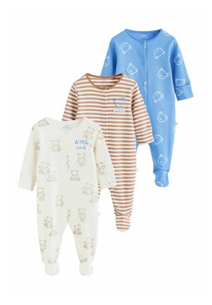 Drei Baby-Schlafanzüge mit Füßen in Cremefarben: einer mit braunen Bärendrucken, einer mit braunen und cremefarbenen Streifen mit einem Bärengesicht und einer blauen mit weißen Bärengesichtern.