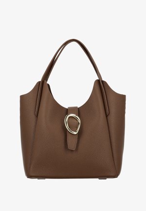 Borsa tote in pelle marrone con superficie strutturata, caratterizzata da un dettaglio distintivo in metallo dorato sulla chiusura e doppi manici.