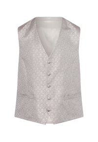 Hellgraue Weste mit gemustertem Textur. Verfügt über einen tiefen V-Ausschnitt, fünf Knöpfe und zwei seitliche Taschen. Glatter Stoff mit leichtem Glanz.