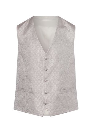 Light grey vest with a patterned texture. Features a deep V-neck, five buttons, and two side pockets. Smooth fabric with a subtle sheen.