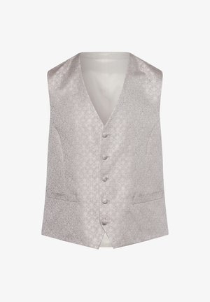 Hellgraue Weste mit gemustertem Textur. Verfügt über einen tiefen V-Ausschnitt, fünf Knöpfe und zwei seitliche Taschen. Glatter Stoff mit leichtem Glanz.