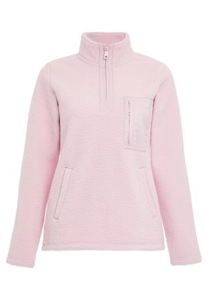 Vaaleanpunainen fleece-pullo, jossa on korkea kaulus, puolivetoketju edessä ja rintatasku. Sisältää sivutaskut ja teksturoitua kangasta.