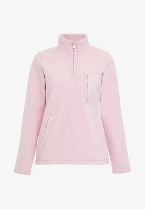 Vaaleanpunainen fleece-pullo, jossa on korkea kaulus, puolivetoketju edessä ja rintatasku. Sisältää sivutaskut ja teksturoitua kangasta.