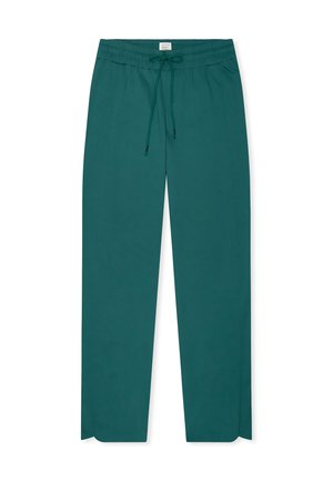 Tyrkysově zelené kalhoty se širokými nohavicemi, elastickým pasem a šňůrkou, kapsami po stranách a malými rozparky na spodním lemu.