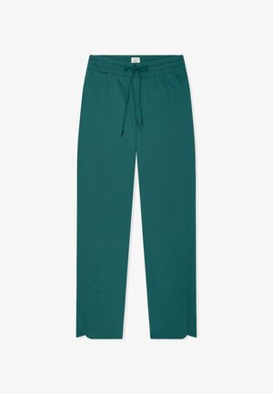 Pantalon vert sarcelle à jambe droite avec taille élastique et cordon de serrage, poches latérales et petites fentes sur les côtés à l'ourlet.