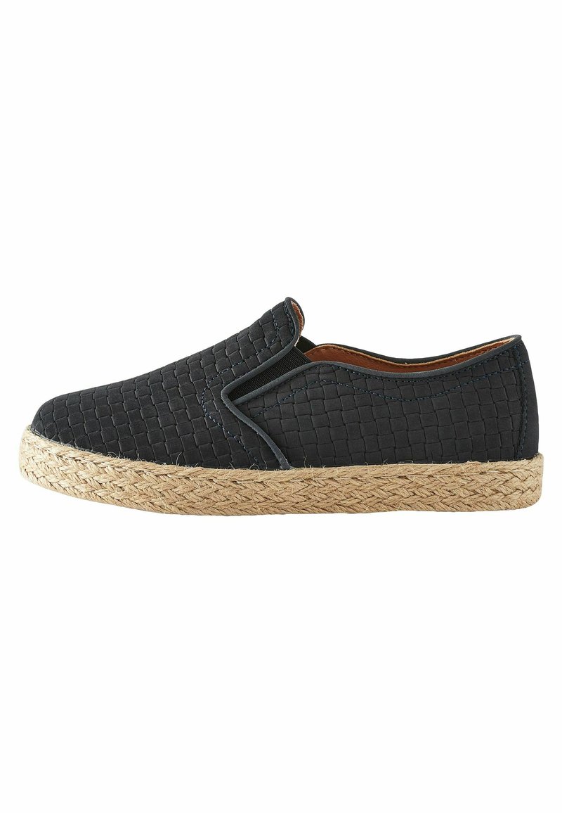Schwarzer geflochtener Slipper mit elastischen Akzenten und einer Sohle aus Jute-Seil. Strukturiertes Obermaterial und flaches Design für einfaches Tragen.