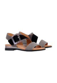 Gray suede sandals with black accents, open-toe design, and a prominent clear buckle. Flat sole with a minimalist style.