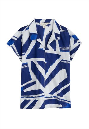 Blue and white short-sleeve shirt featuring bold, abstract angular patterns, textured fabric, and a classic collar design.