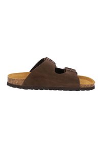 Sandali in suede marrone con due cinturini regolabili, soletta in sughero e suola in gomma texturizzata, caratterizzati da un design open-toe e uno stile minimalista.