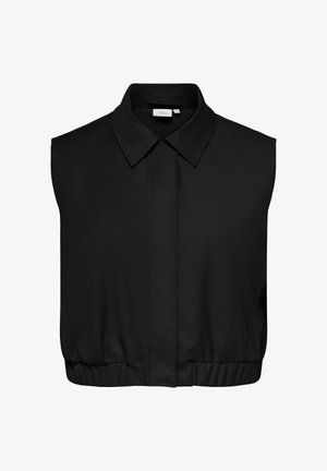 Chemise noire sans manches et courte avec col pointu, patte de boutonnage cachée à l’avant et ourlet élastiqué.