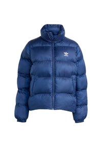 Marineblauwe gewatteerde jas met een hoge kraag, ritssluiting en elastische manchetten. Kenmerkt zich door opvallende horizontale stiksels en een klein logo op de borst.
