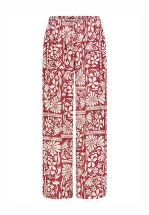 Wide-leg pants with adjustable waistband, featuring white floral patterns on a red background.