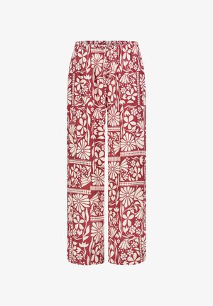 Hosen mit weitem Bein und verstellbarem Taillenbund, mit weißen Blumenmustern auf rotem Hintergrund.