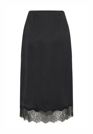 Zwarte satijnen midirok met geschulpte kanten zoom.
