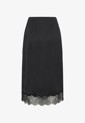 Juoda satino midi sijonas su banguotu nėrinių kraštu.