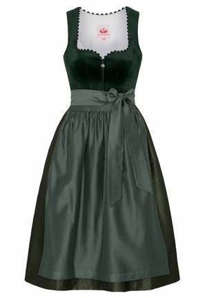 Robe en velours vert foncé avec un corsage ajusté, un décolleté décoratif en scallop et une large ceinture en satin nouée ; jupe plissée en tissu à motifs.