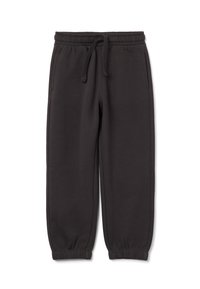 Black elastic waist jogger pants with drawstring, side pockets, and elastic cuffs on a white background.