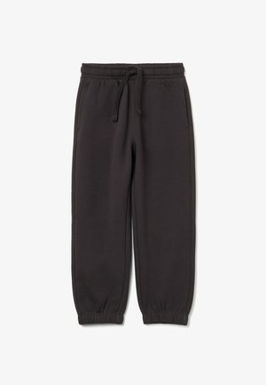 Pantalones jogger negros con cintura elástica y cordón, bolsillos laterales y puños elásticos sobre un fondo blanco.