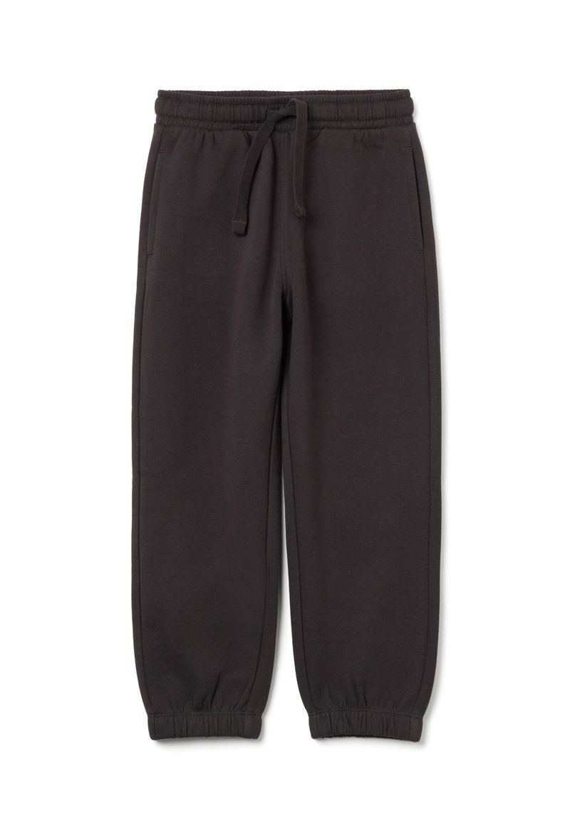Black elastic waist jogger pants with drawstring, side pockets, and elastic cuffs on a white background.